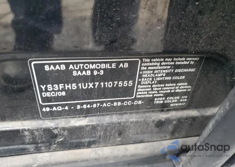 2007 Saab 9-3 Aero из США, поврежденный, VIN YS3FH51UX71107555